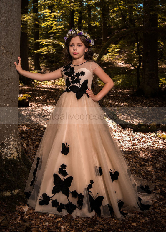 Champagne Tulle Black Butterflies Fairytale Flower Girl Dress Champagne Tulle Black Butterflies Fairytale Flower Girl Dress